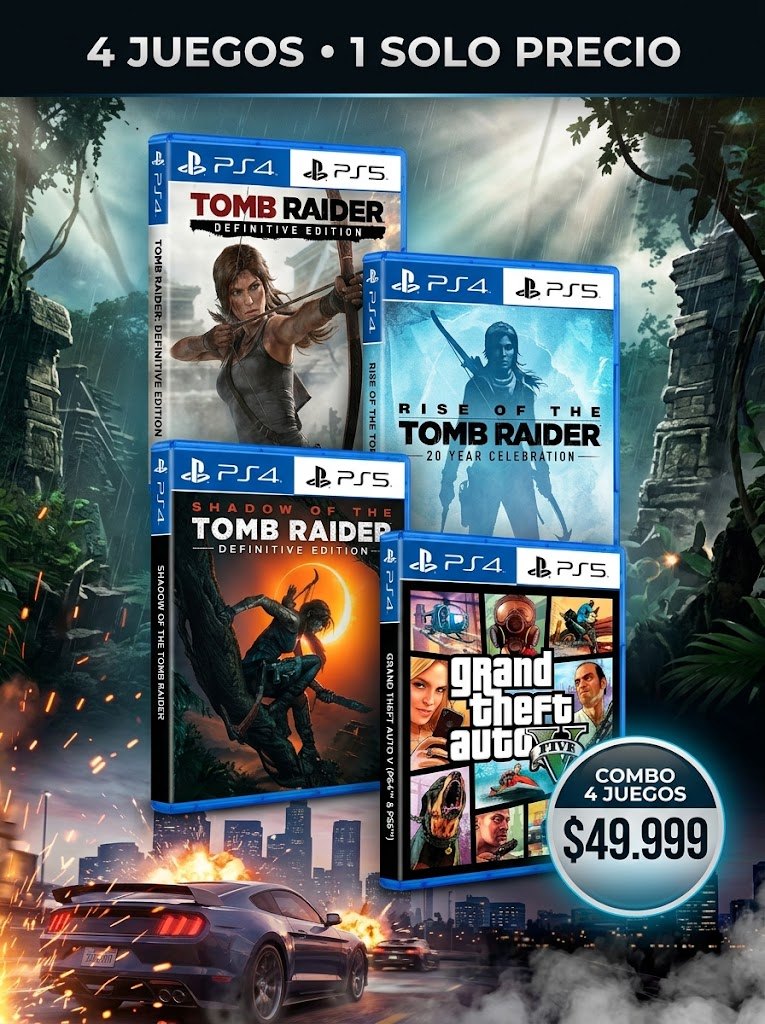COMBO GTAIDER: Tomb Raider: Definitive Edition, Rise of the Tomb Raider: 20 Year Celebration, Shadow of the Tomb Raider: Definitive Edition, Grand Theft Auto V (PS4™ & PS5™)
