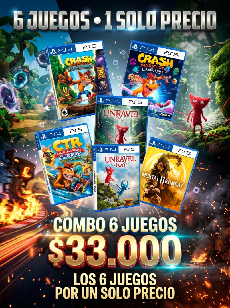 COMBO CRASHUNRAVELKOMBAT: Crash Bandicoot N. Sane Trilogy, Crash Bandicoot 4: It's About Time, Crash Team Racing Nitro-Fueled, Unravel, Unravel Two, Mortal Kombat 11 Ultimate PS4 & PS5