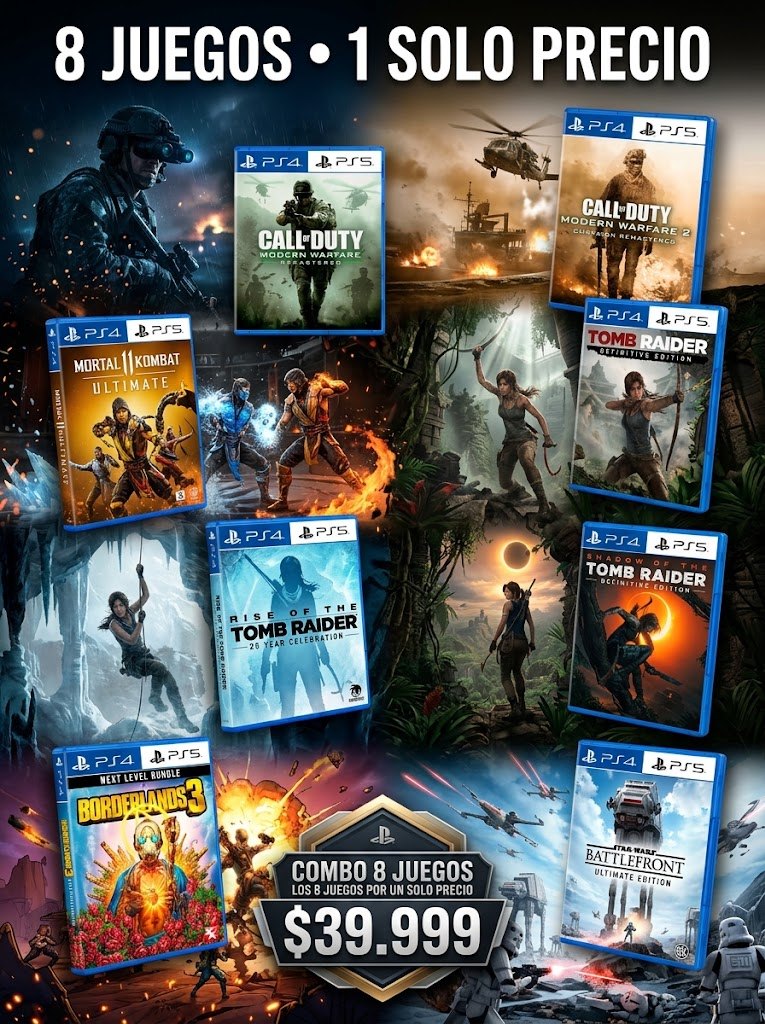 COMBO ACCIÓN VARIADO: Call of Duty: Modern Warfare Remastered, Call of Duty: Modern Warfare 2 Campaign Remastered, Mortal Kombat 11 Ultimate PS4 & PS5, Tomb Raider: Definitive Edition, Rise of the Tomb Raider: 20 Year Celebration, Shadow of the Tomb Raider: Definitive Edition, Borderlands 3 Next Level Bundle PS4 & PS5, STAR WARS Battlefront Ultimate Edition